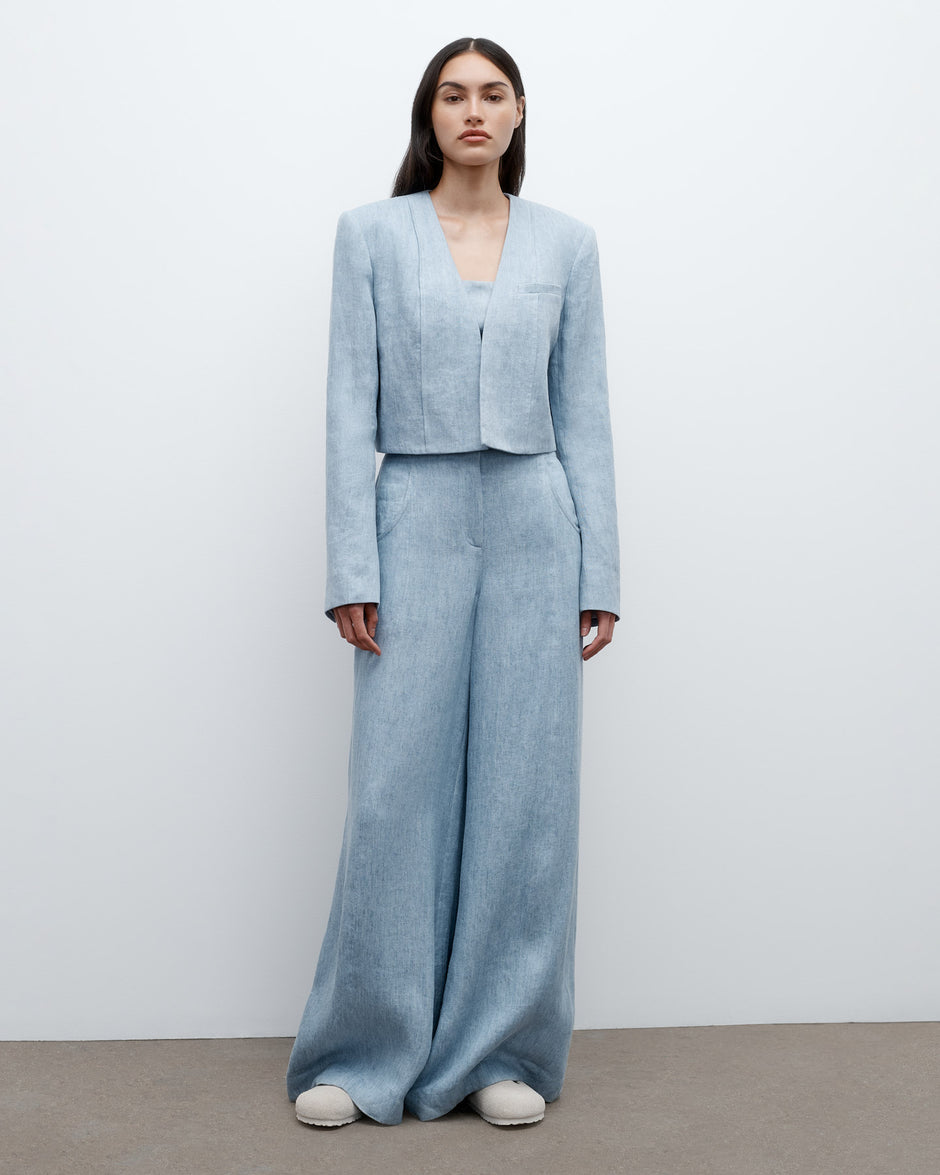 TWP Light indigo Drink at Costes Jacket in Lightweight Washed Hemp Denim view 2
