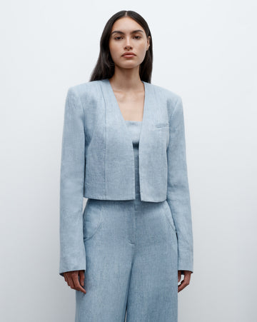 TWP Light indigo Drink at Costes Jacket in Lightweight Washed Hemp Denim view 1