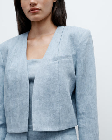 TWP Light indigo Drink at Costes Jacket in Lightweight Washed Hemp Denim view 3