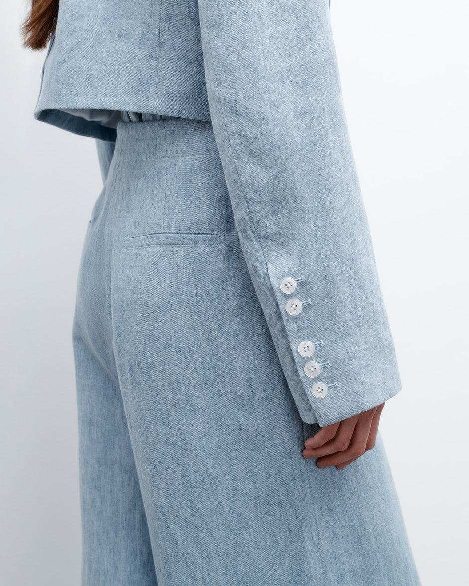 TWP Light indigo Drink at Costes Jacket in Lightweight Washed Hemp Denim view 5