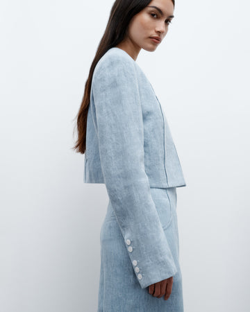 TWP Light indigo Drink at Costes Jacket in Lightweight Washed Hemp Denim view 4