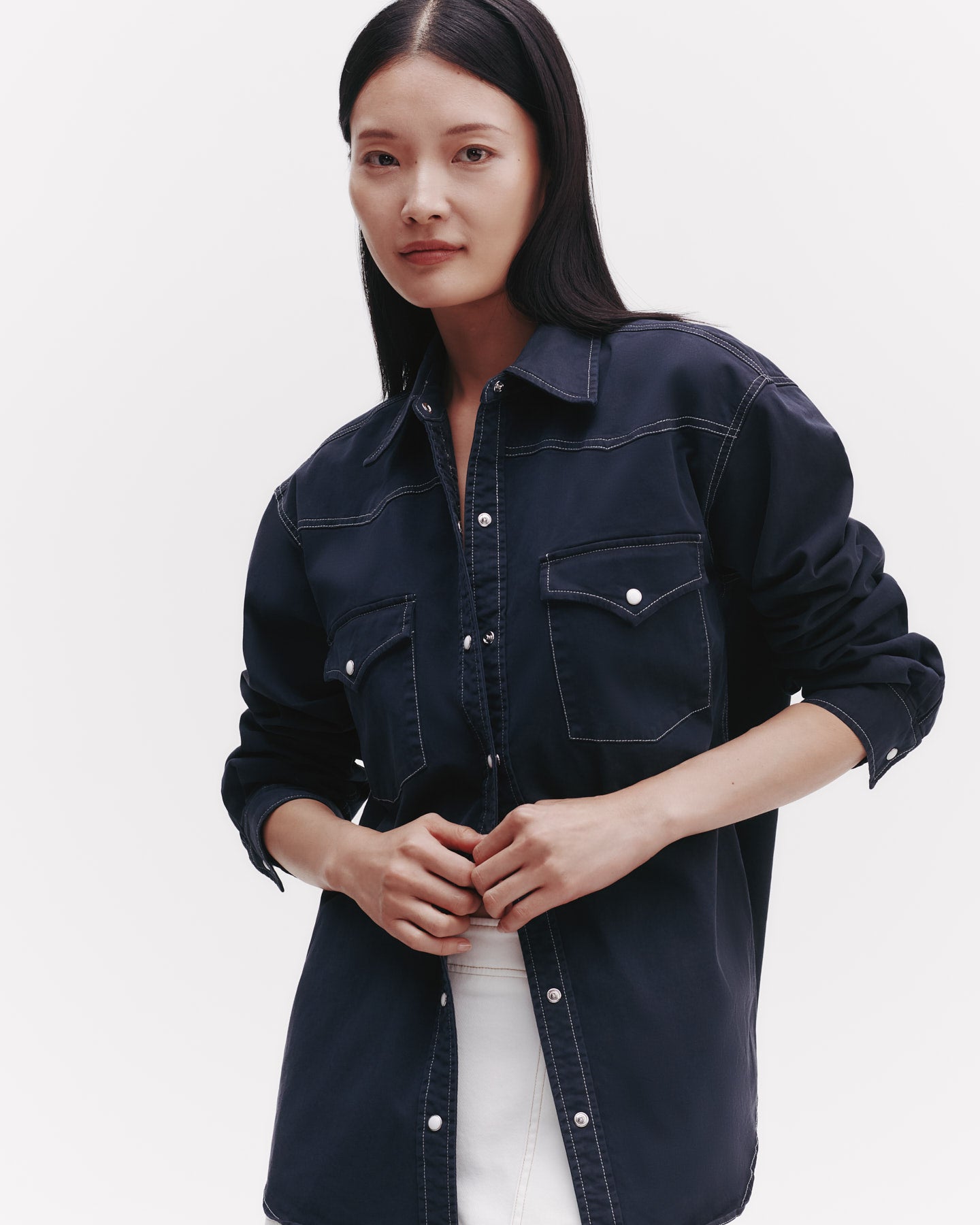 TWP Midnight Dutton Shirt in Stretch Compact Cotton view 1