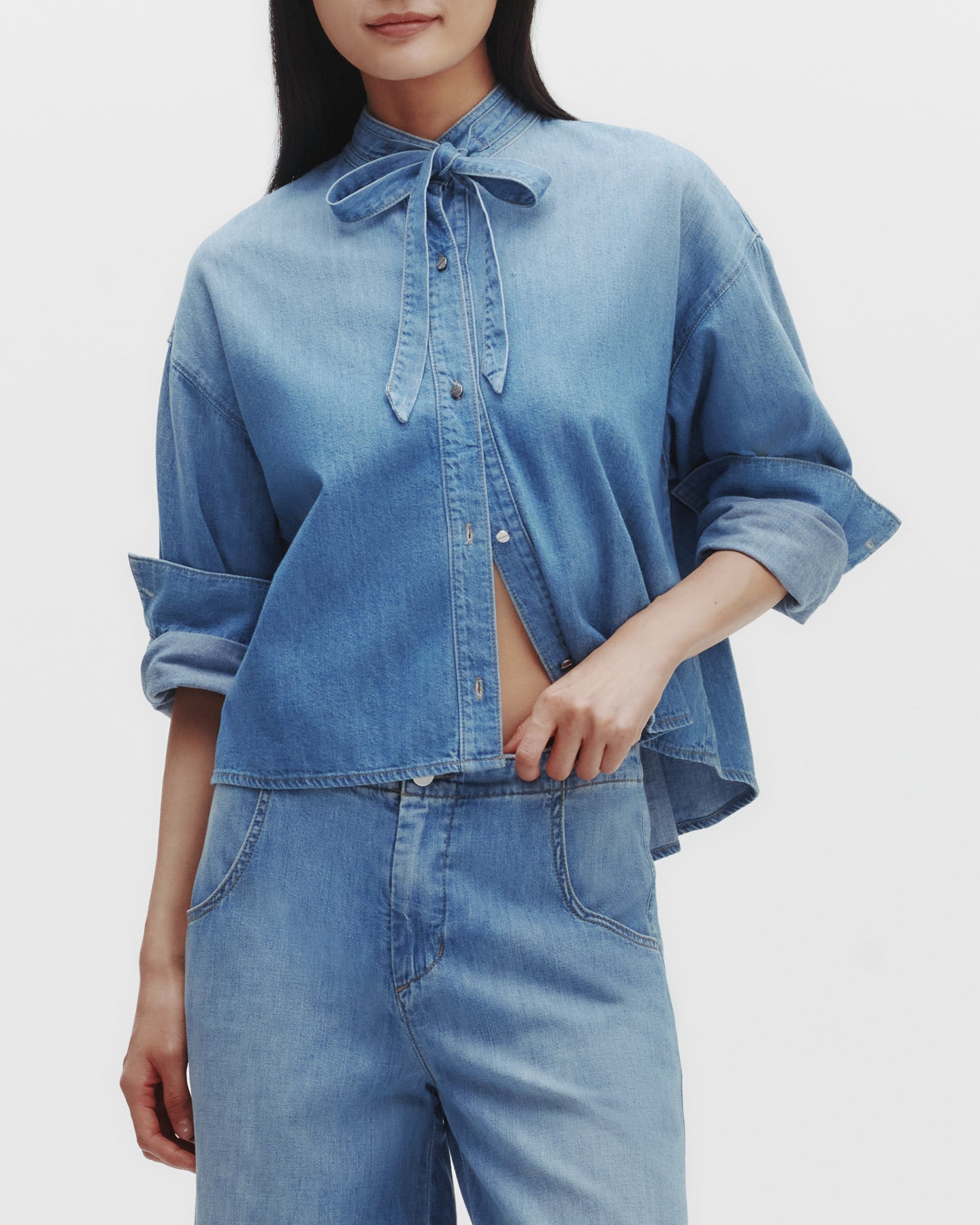 TWP Vintage wash Button Down Shirt with Tie in Denim Shirting view 1