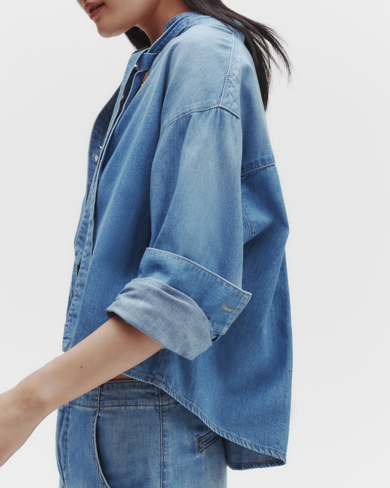 TWP Vintage wash Button Down Shirt with Tie in Denim Shirting view 3