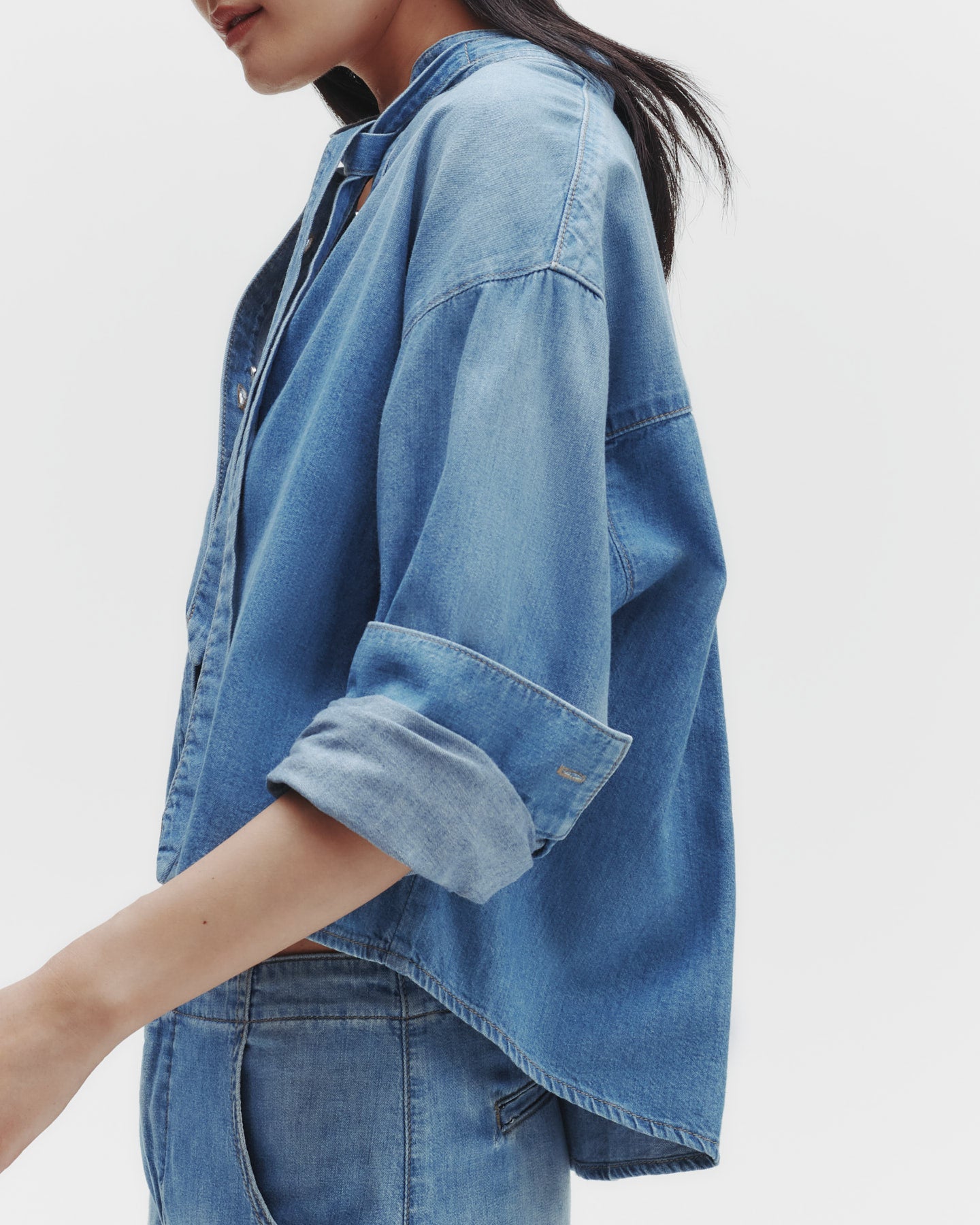 TWP Vintage wash Button Down Shirt with Tie in Denim Shirting view 3