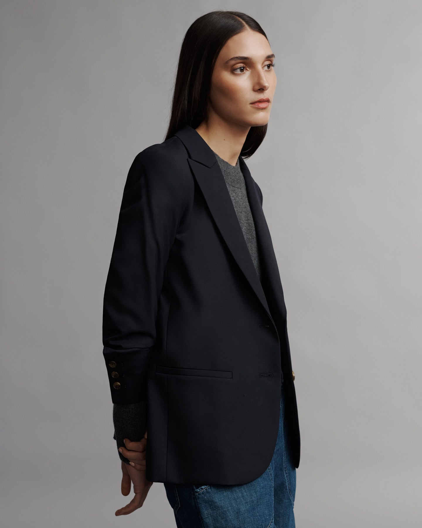 TWP Stretch Cotton Boyfriend Blazer with Zip Sleeves Midnight