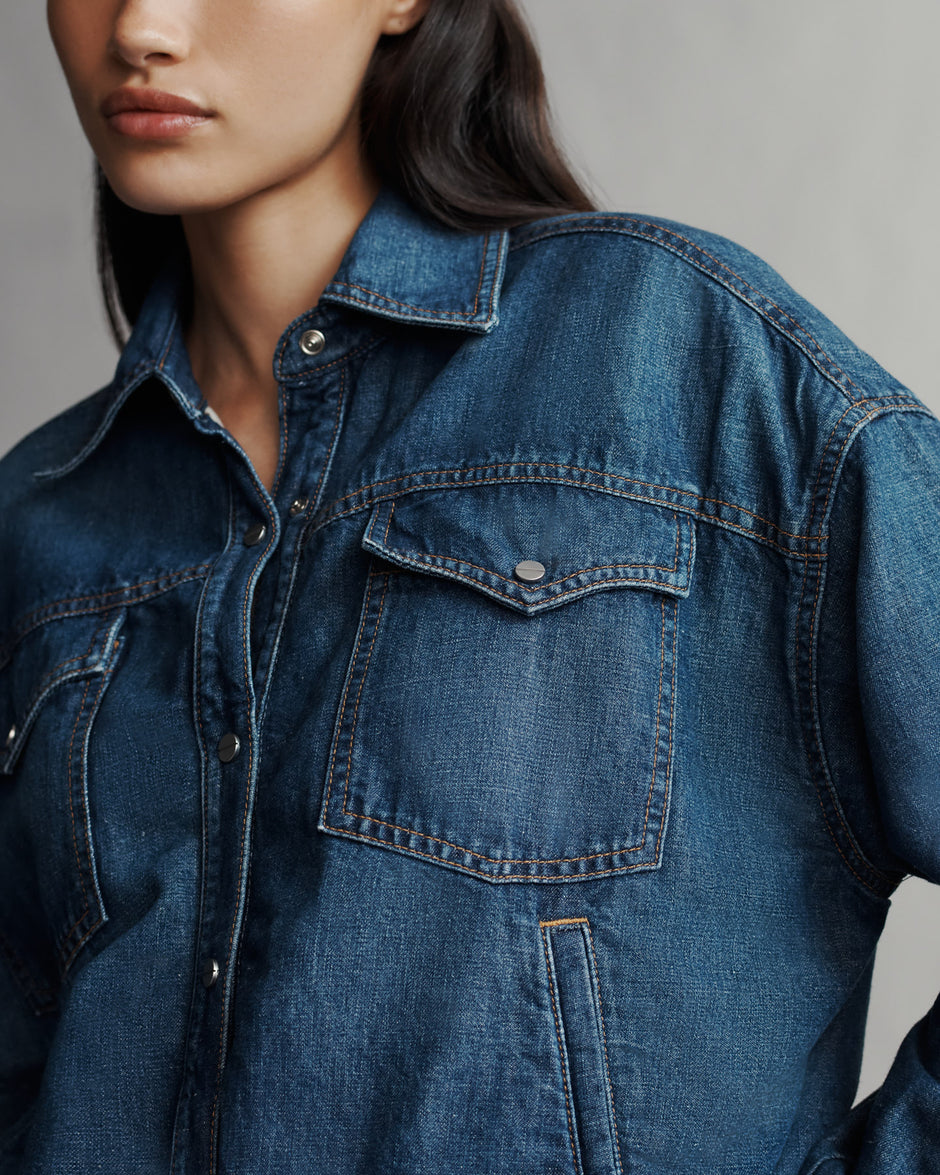 TWP Dark wash Denim Bubble Jacket in Linen Cotton Denim view 6