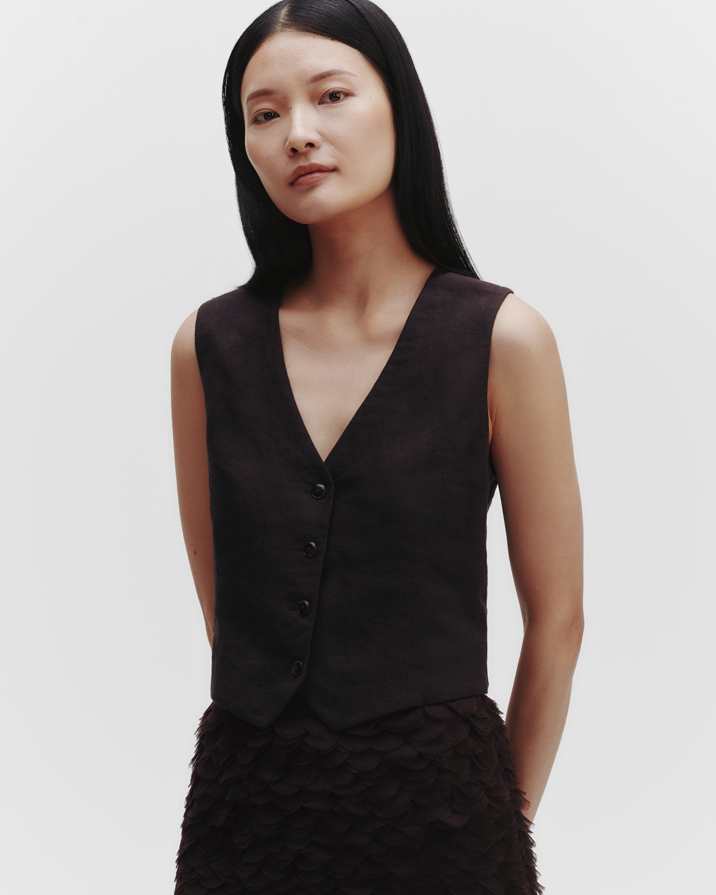 TWP Dark chocolate Kiki&#39;s Vest in Washed Linen view 2