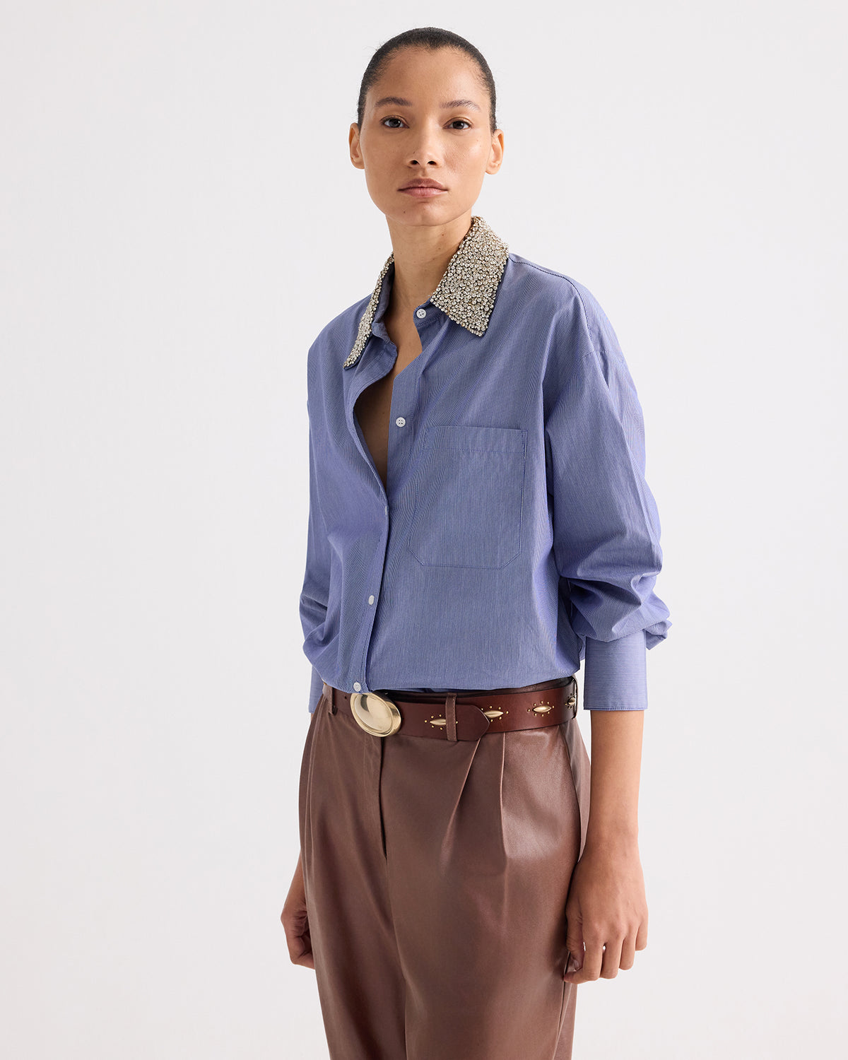 TWP Midnight / white Big Joe Shirt with Crystal Collar in Mini Lady Pinstripe view 1