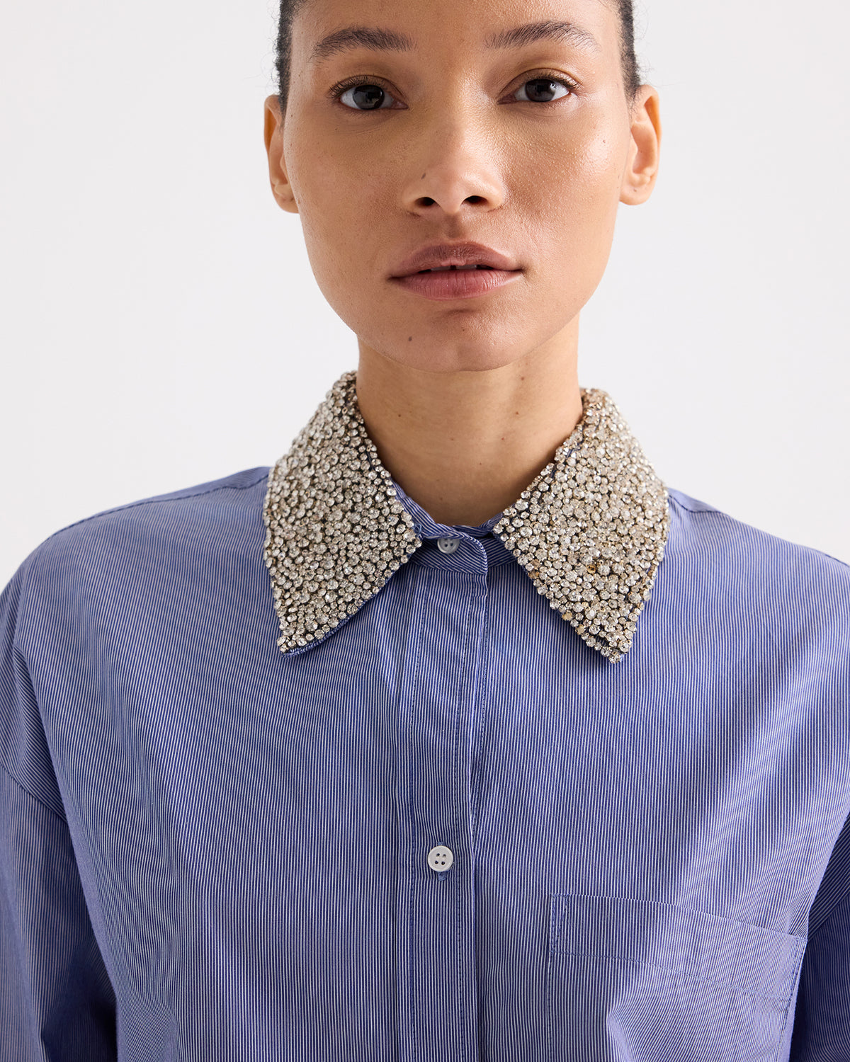TWP Midnight / white Big Joe Shirt with Crystal Collar in Mini Lady Pinstripe view 3