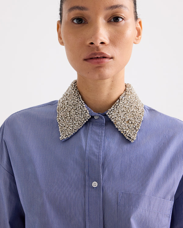 TWP Midnight / white Big Joe Shirt with Crystal Collar in Mini Lady Pinstripe view 3