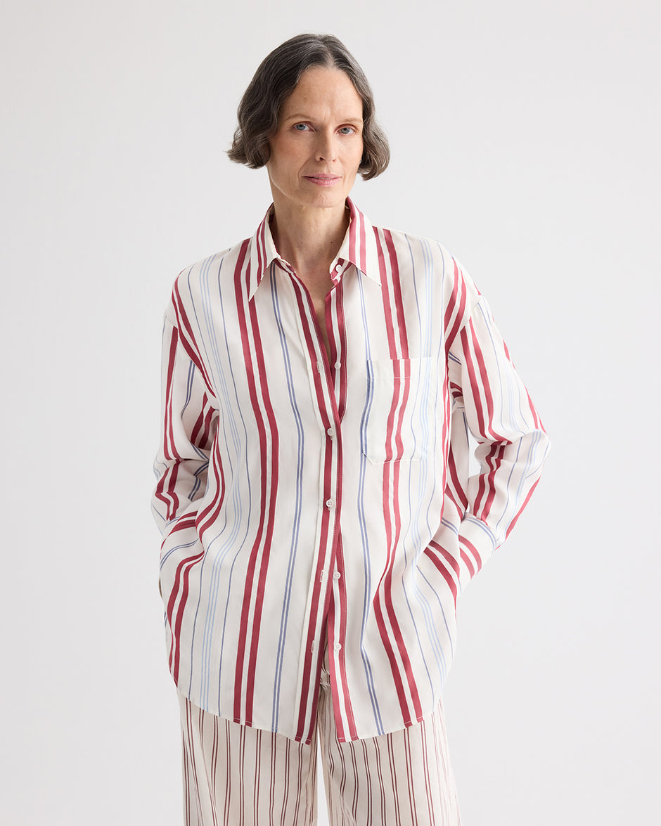 TWP Ivory / blue / wine Big Joe Shirt in Silk Stripe view 1