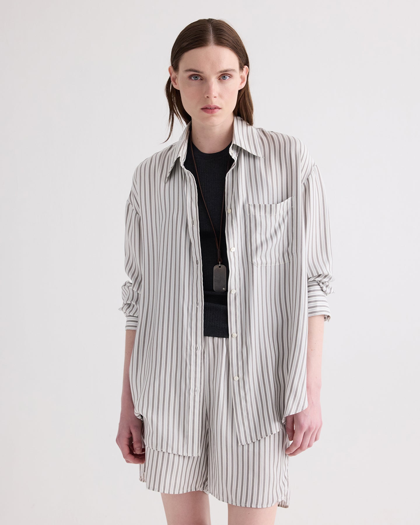 TWP Ivory / turkish coffee Big Joe Shirt in Evening Stripe on Silk view 1