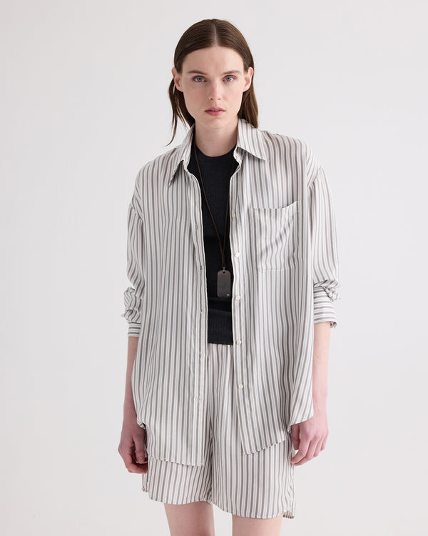 TWP Ivory / turkish coffee Big Joe Shirt in Evening Stripe on Silk view 1