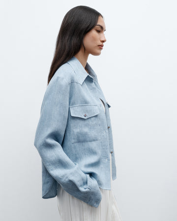 TWP Light indigo New Carter Shirt in Lightweight Washed Hemp Denim view 3