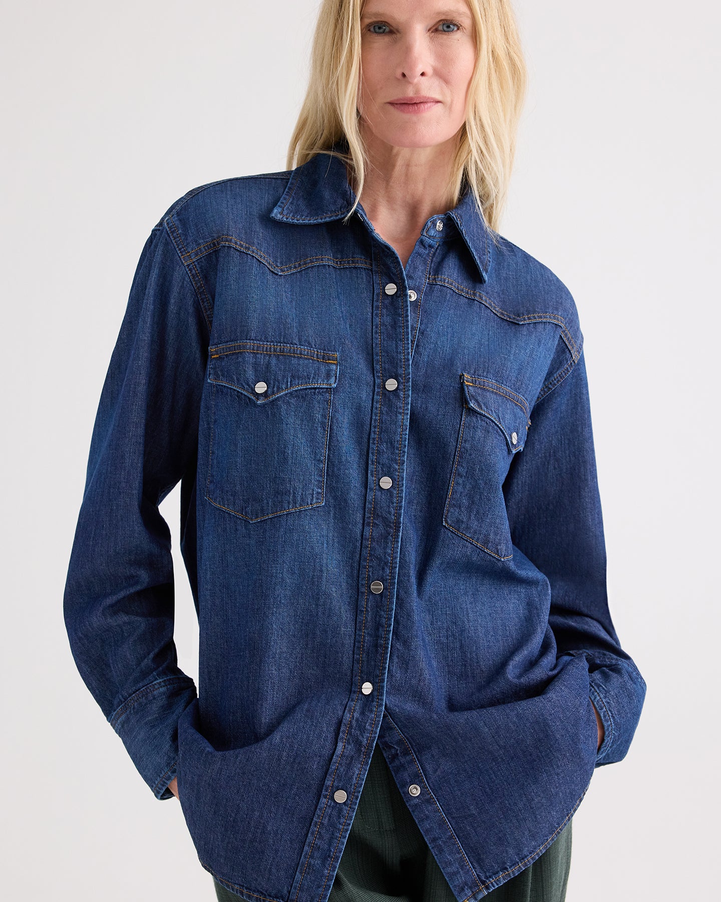 TWP Dark stone OG Supersized Ranchers Shirt in Denim Shirting view 1