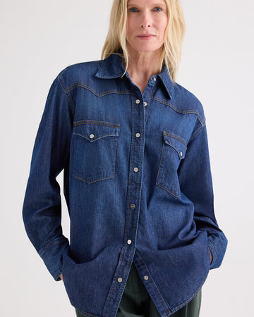 TWP Dark stone OG Supersized Ranchers Shirt in Denim Shirting view 1