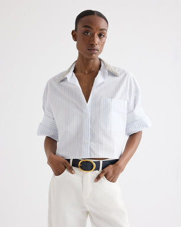 TWP White / blue Next Ex Shirt with Crystal Collar in Cotton Stripes view 1
