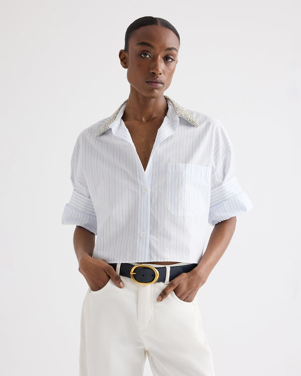 TWP White / blue Next Ex Shirt with Crystal Collar in Cotton Stripes view 1