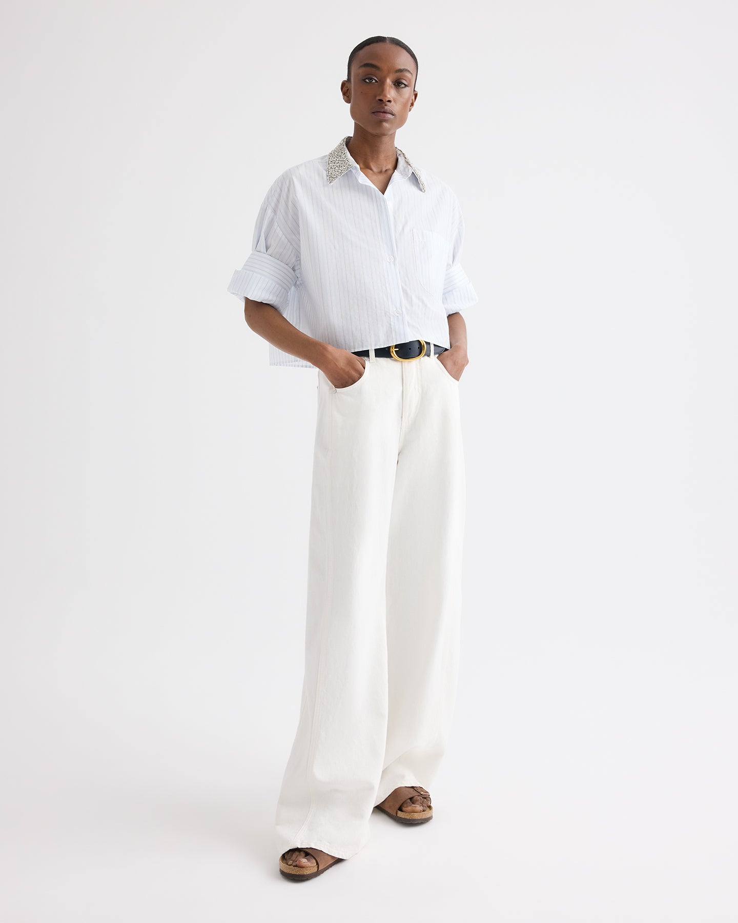 TWP White / blue Next Ex Shirt with Crystal Collar in Cotton Stripes view 3