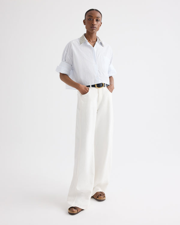 TWP White / blue Next Ex Shirt with Crystal Collar in Cotton Stripes view 3