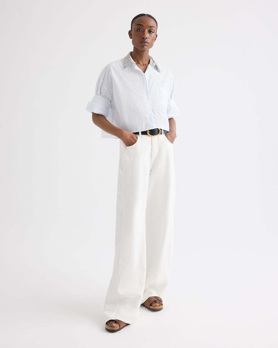 TWP White / blue Next Ex Shirt with Crystal Collar in Cotton Stripes view 3