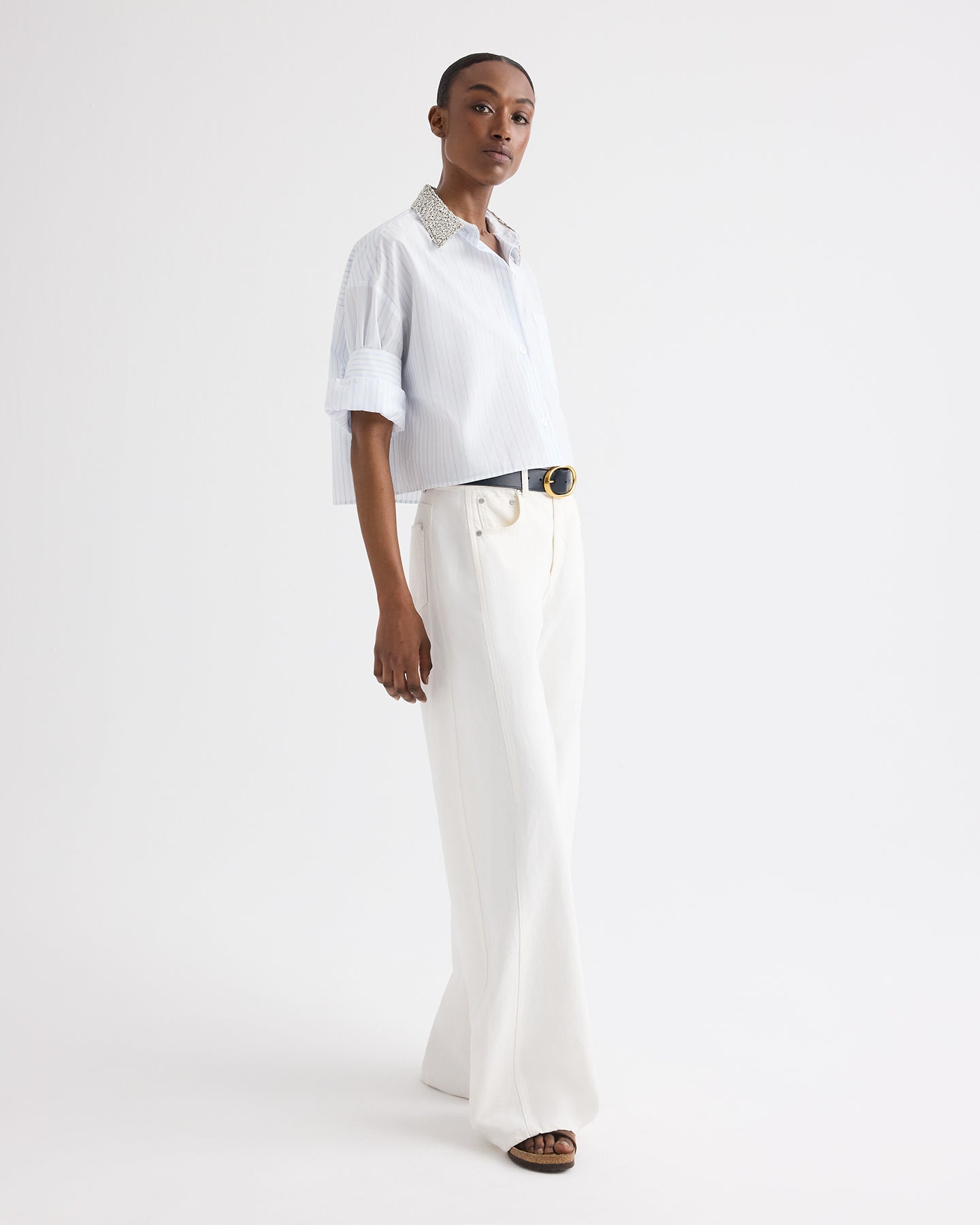 TWP White / blue Next Ex Shirt with Crystal Collar in Cotton Stripes view 4