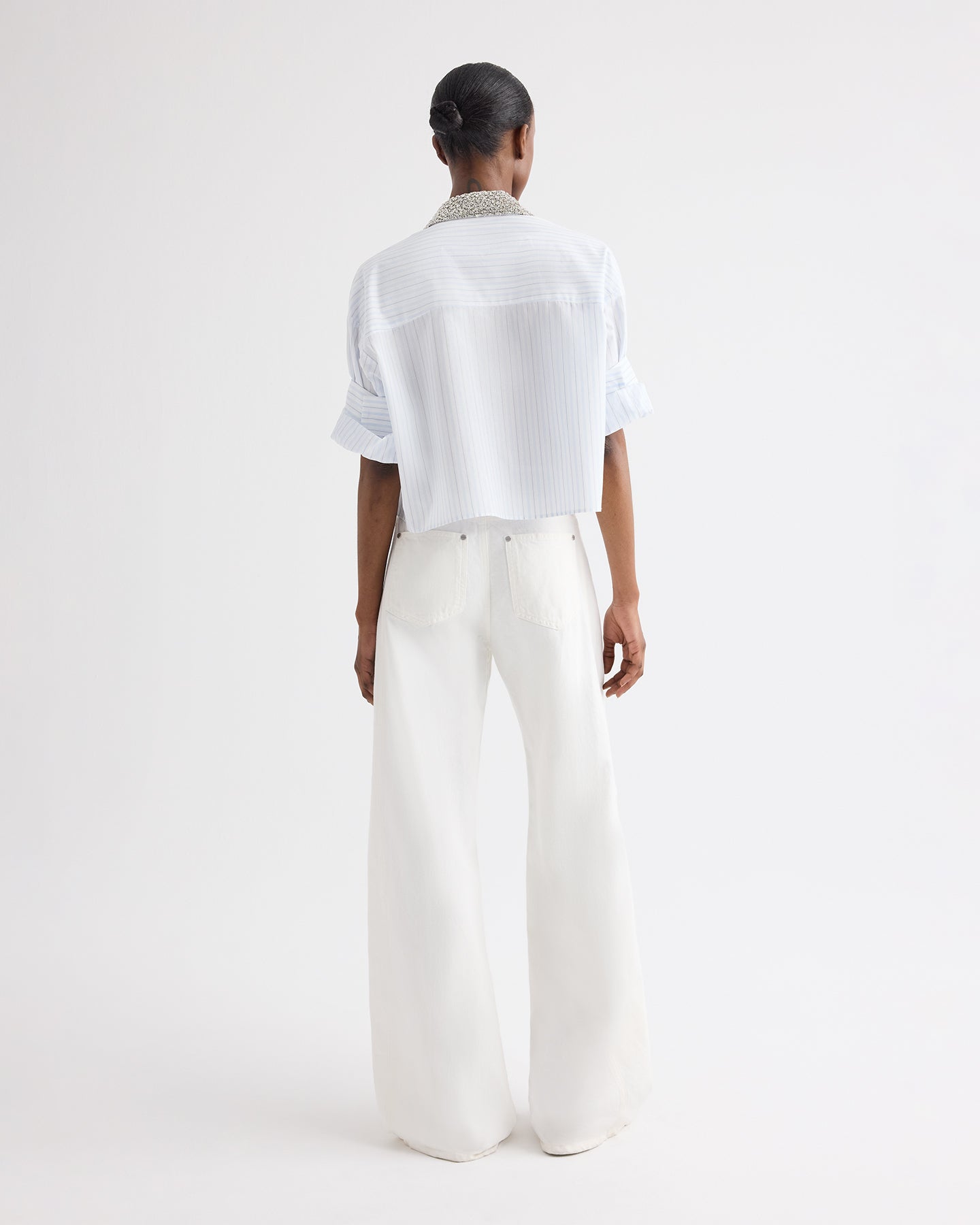 TWP White / blue Next Ex Shirt with Crystal Collar in Cotton Stripes view 5