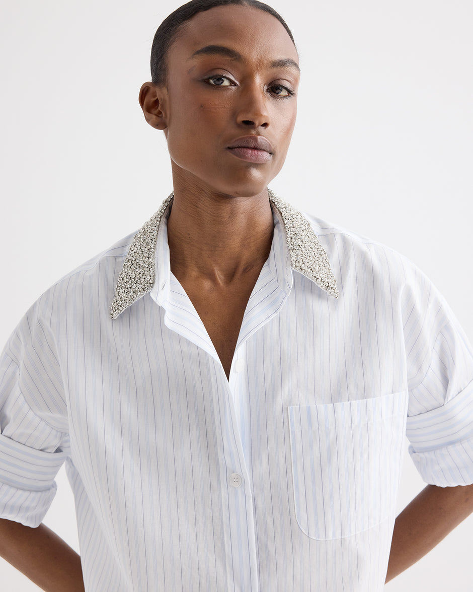 TWP White / blue Next Ex Shirt with Crystal Collar in Cotton Stripes view 2