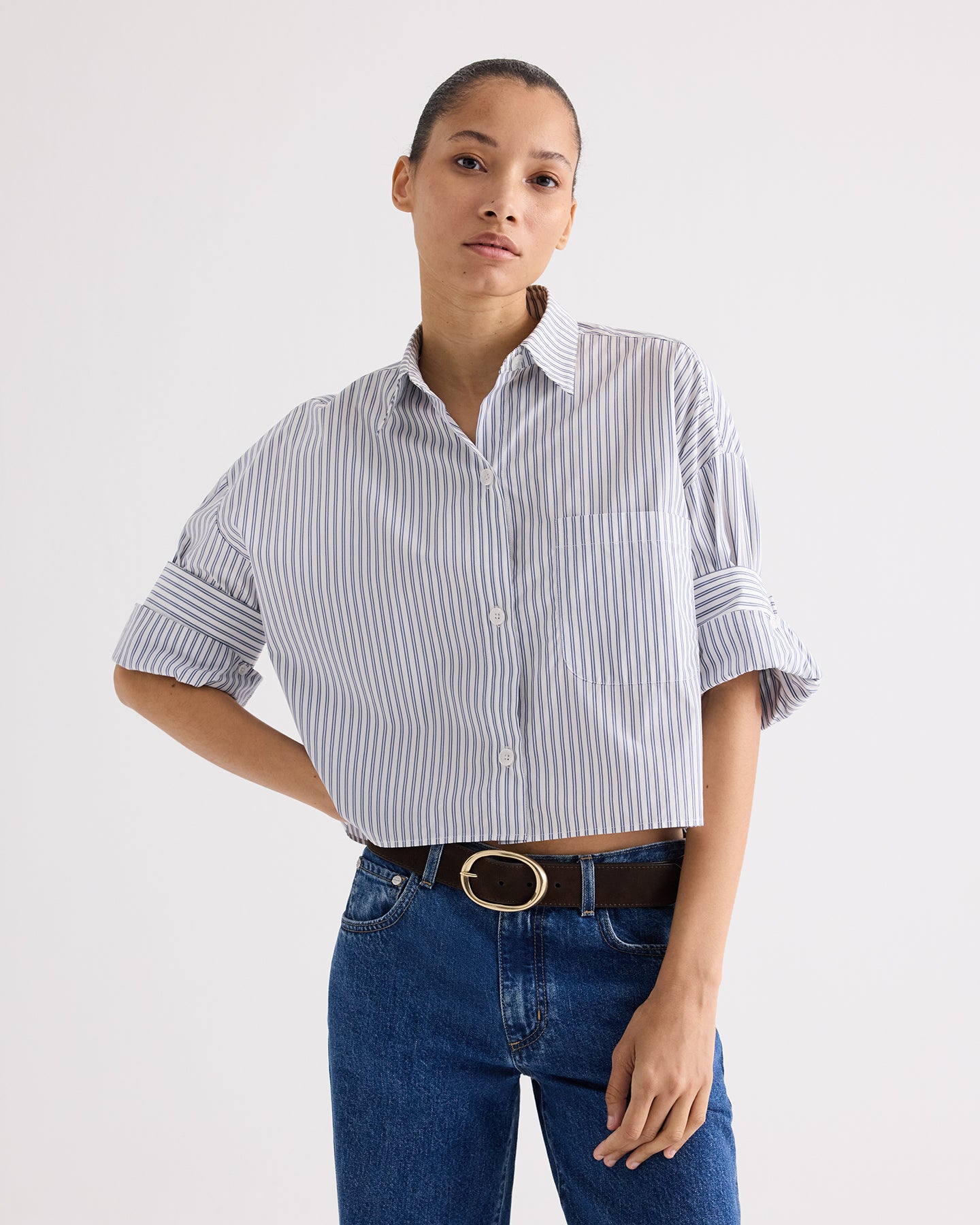 TWP White / navy Next Ex Shirt in Double Stripe Shirting view 1