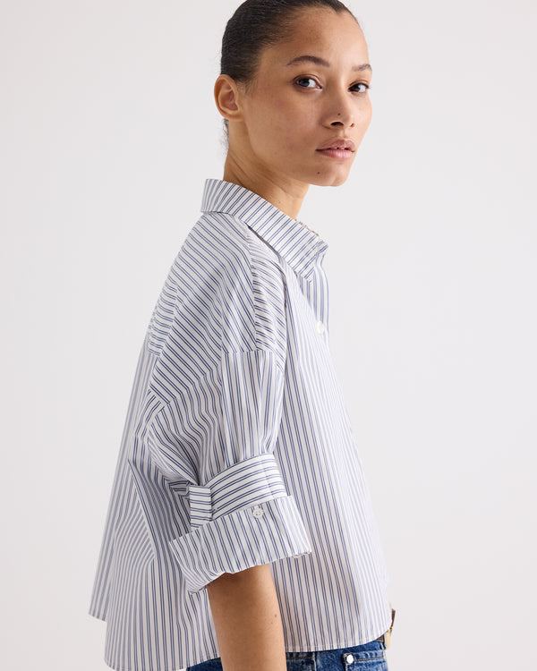 TWP White / navy Next Ex Shirt in Double Stripe Shirting view 3