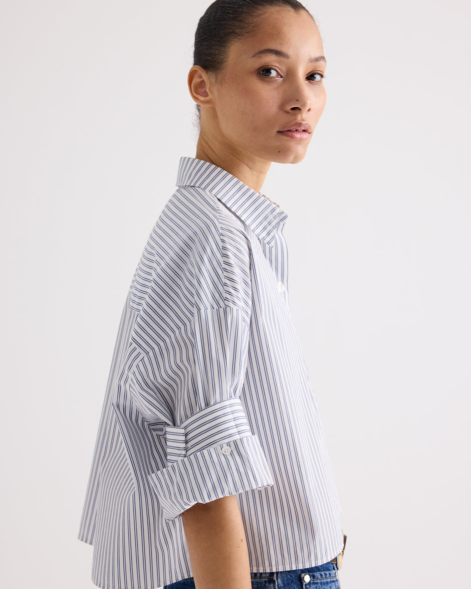 TWP White / navy Next Ex Shirt in Double Stripe Shirting view 3