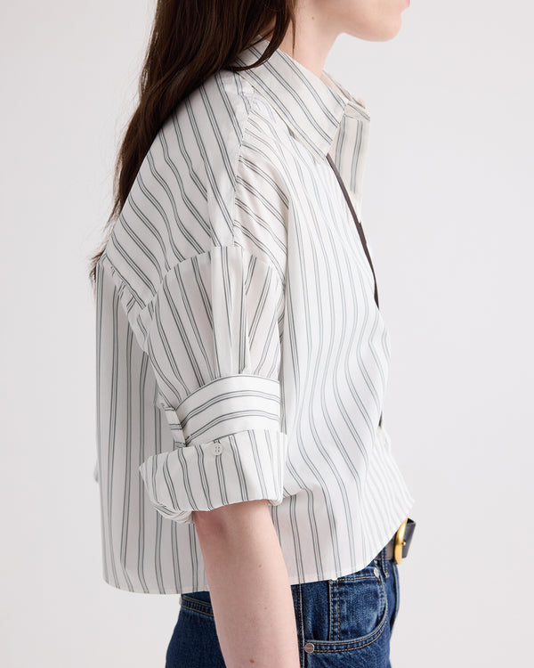 TWP White / green Next Ex Shirt in Mixed Hairline Stripe view 3