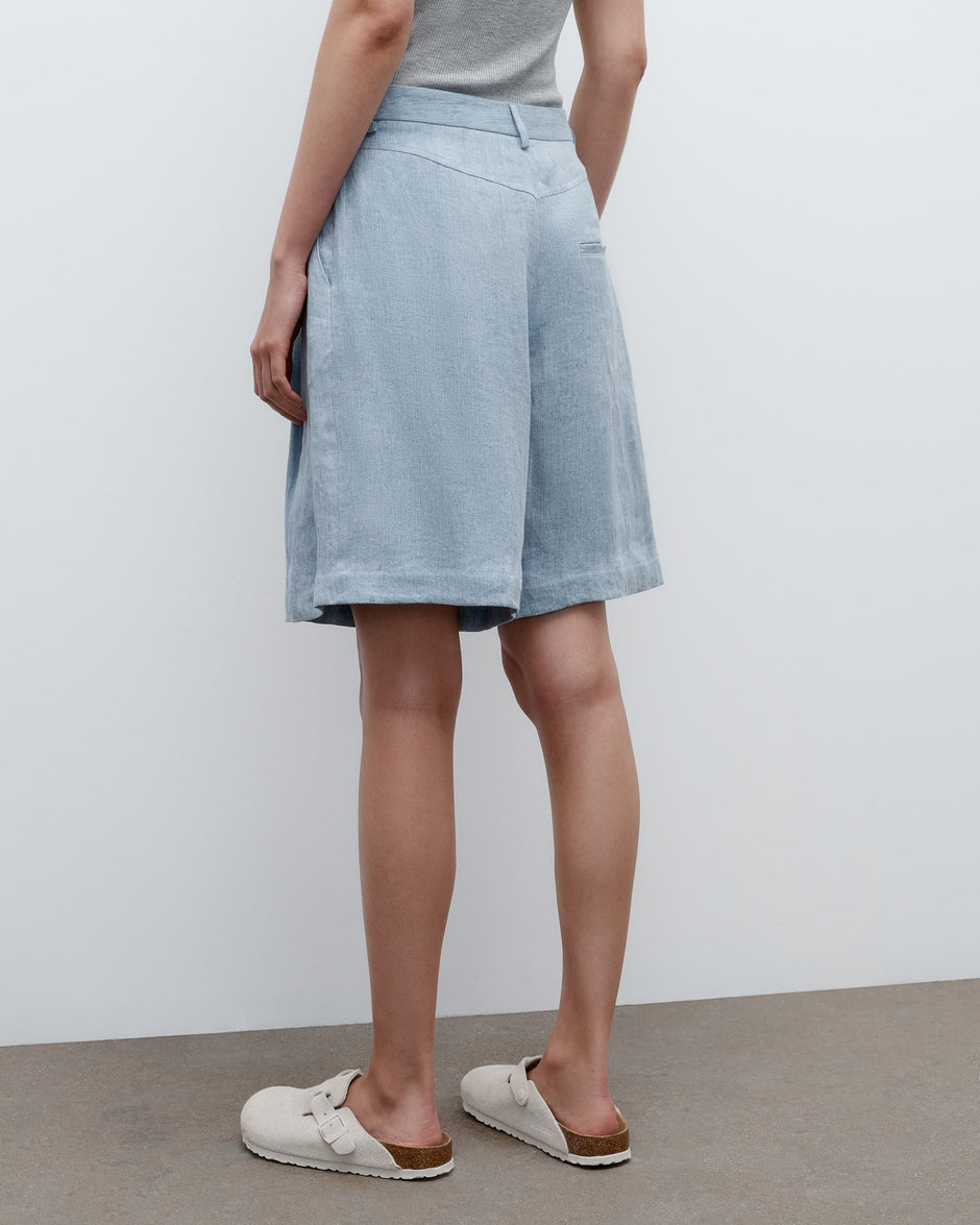 TWP Light indigo Fisher Short in Lightweight Washed Hemp Denim view 6