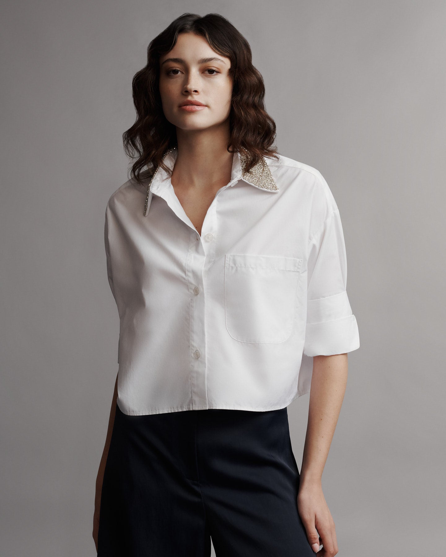 TWP White Next Ex With Crystal Collar in Cotton Shirting view 2