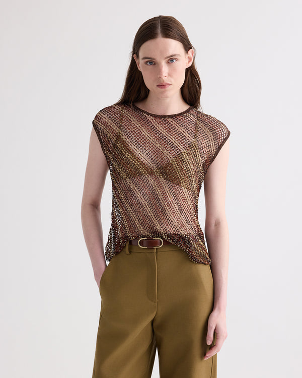 TWP Sable / chicory coffee Beaded Net Tank in Bugle and Bead Net Fringe view 2