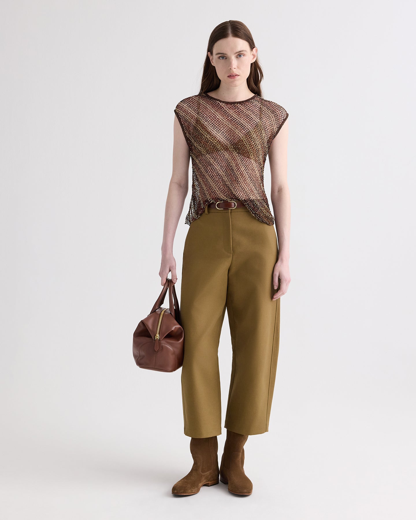 TWP Sable / chicory coffee Beaded Net Tank in Bugle and Bead Net Fringe view 1