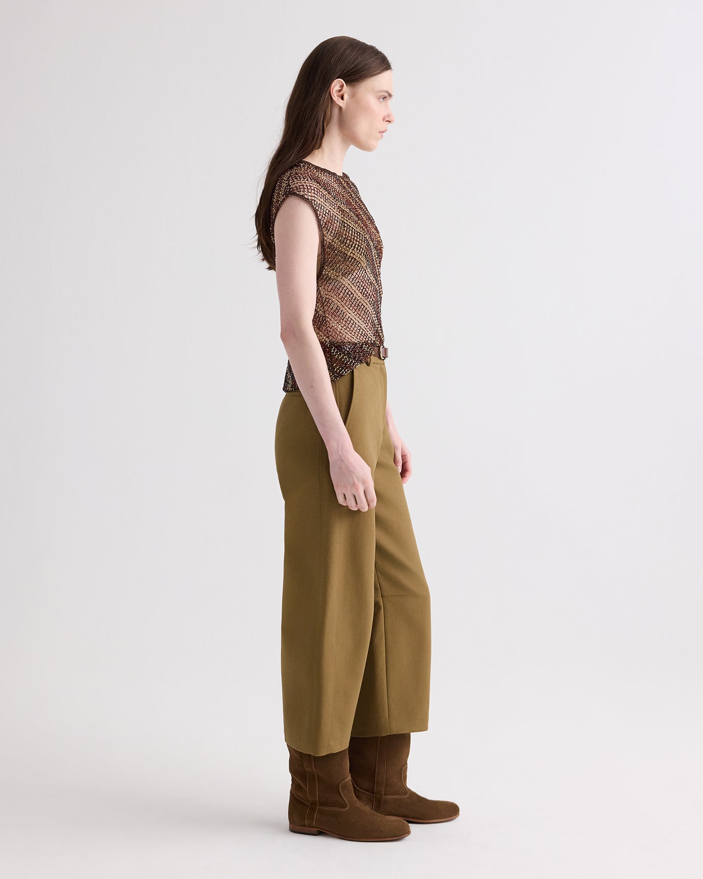 TWP Sable / chicory coffee Beaded Net Tank in Bugle and Bead Net Fringe view 4