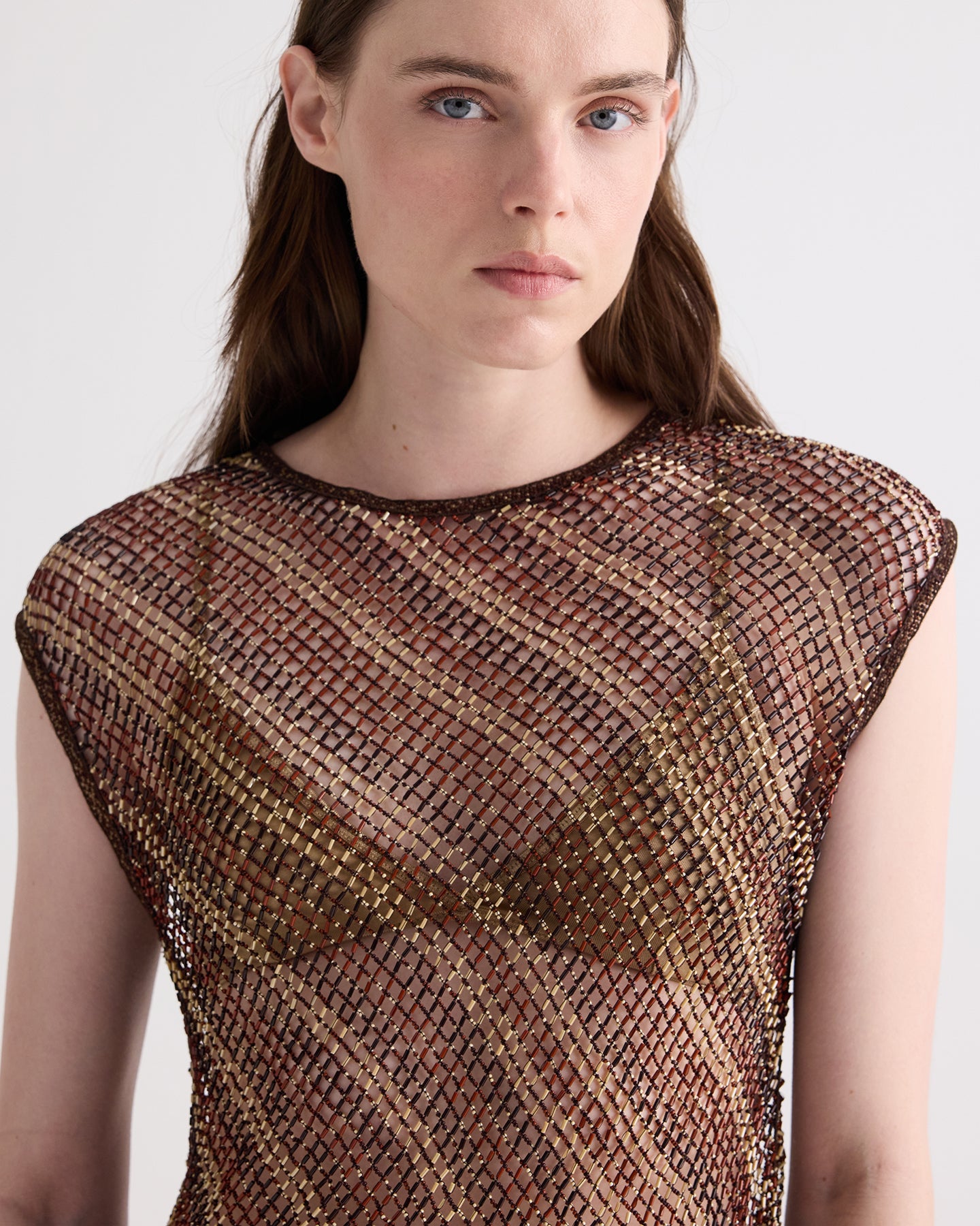 TWP Sable / chicory coffee Beaded Net Tank in Bugle and Bead Net Fringe view 3