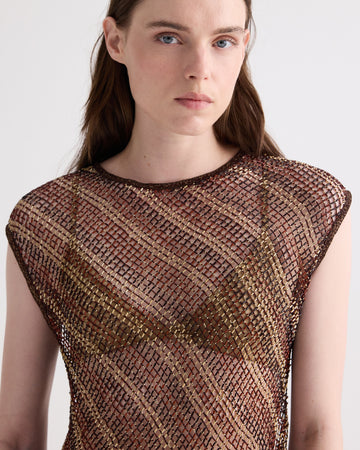 TWP Sable / chicory coffee Beaded Net Tank in Bugle and Bead Net Fringe view 3