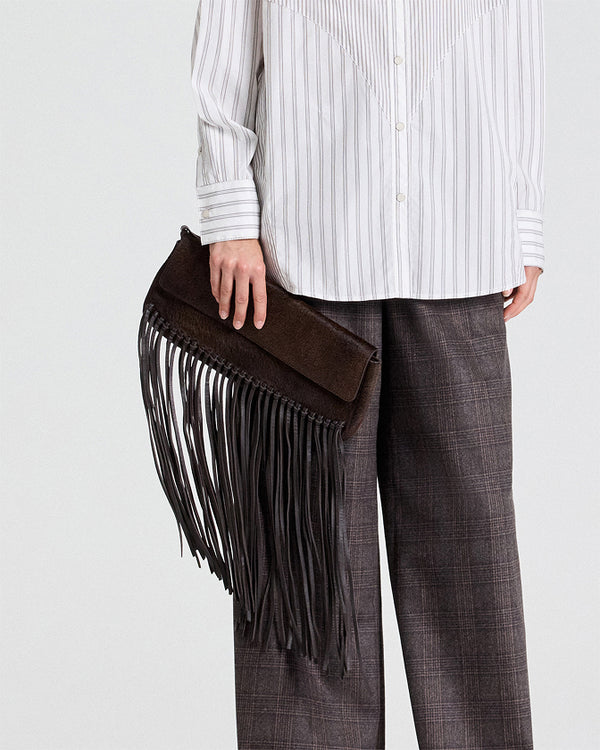 TWP Dark chocolate Fringe Clutch in Ponyhair view 2