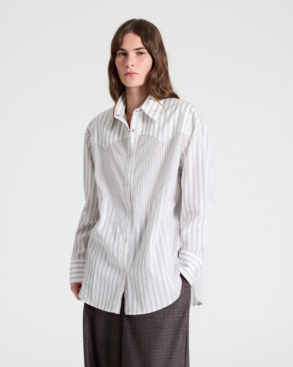 TWP White / turkish coffee Austin Shirt in Cotton Stripes view 2