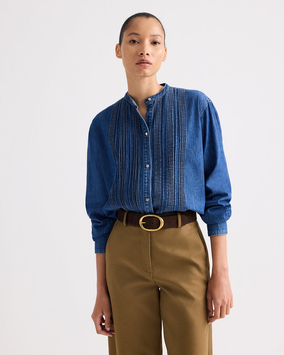 TWP Paris Pintuck Painter Shirt in Denim Shirting view 2