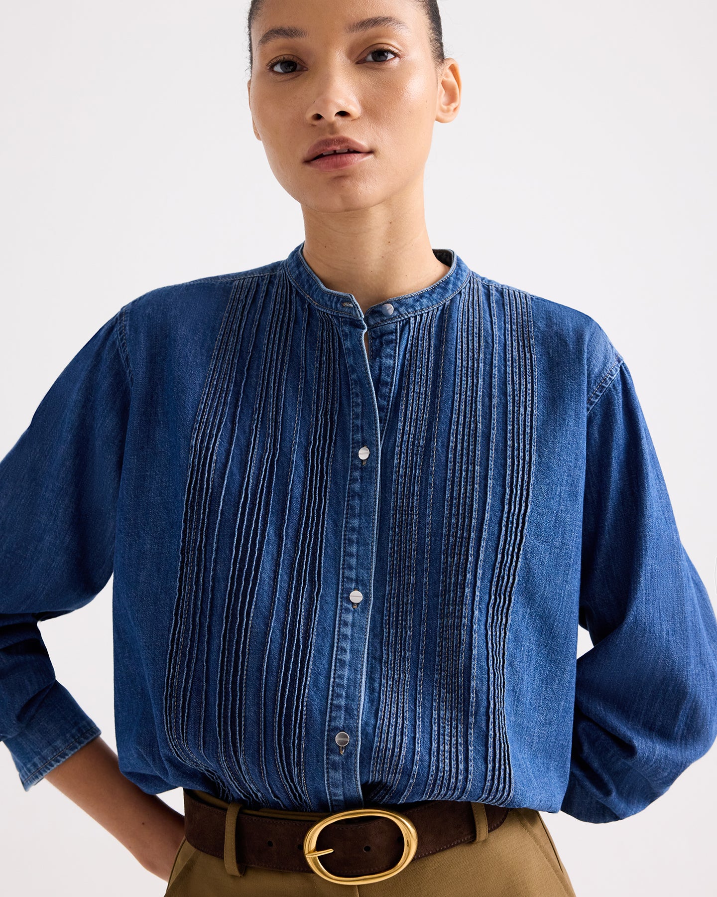 TWP Paris Pintuck Painter Shirt in Denim Shirting view 1