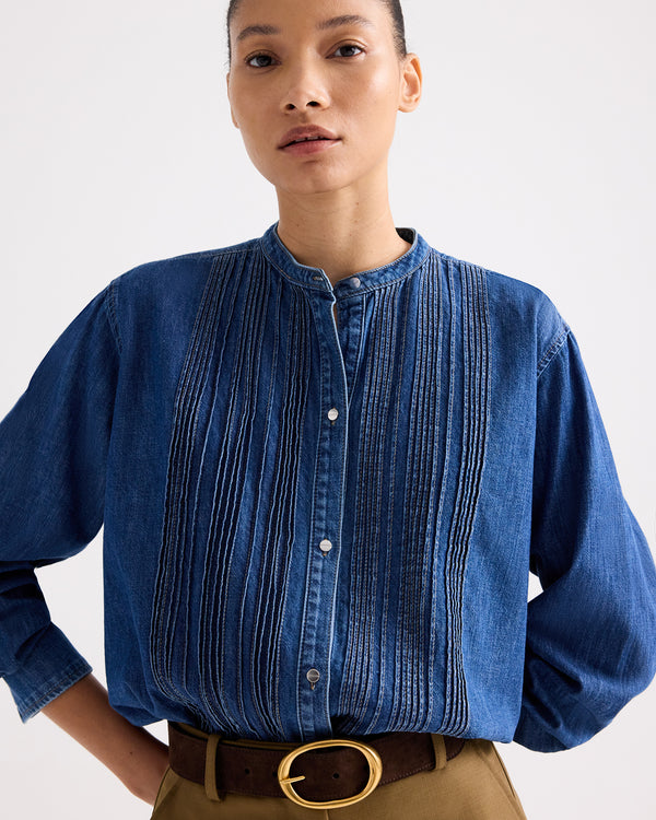 TWP Paris Pintuck Painter Shirt in Denim Shirting view 1