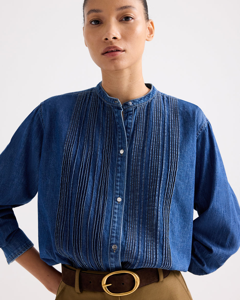 TWP Paris Pintuck Painter Shirt in Denim Shirting view 1