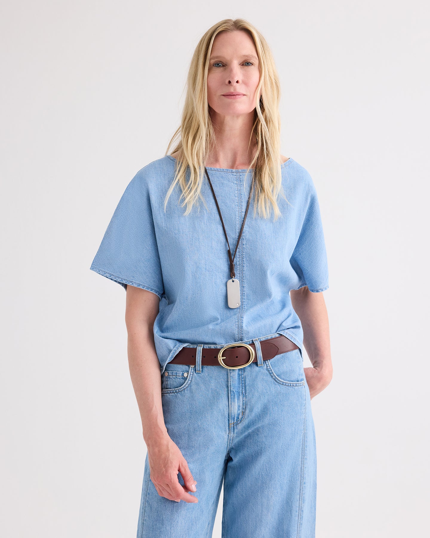 TWP Montauk Simple T in Denim Shirting view 1