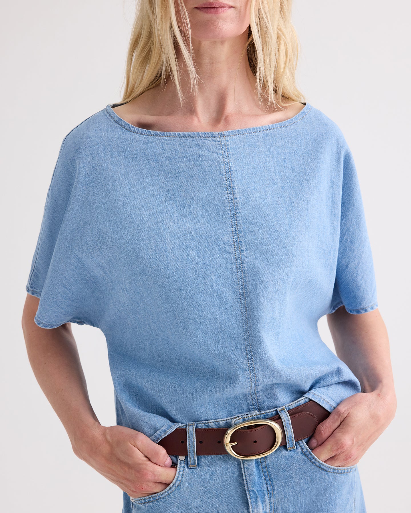 TWP Montauk Simple T in Denim Shirting view 2