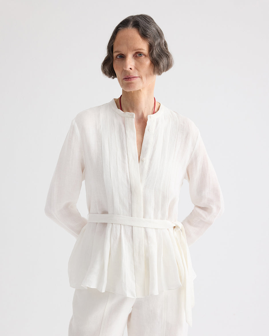 TWP White Pleated Poet Blouse in Delave Linen view 1