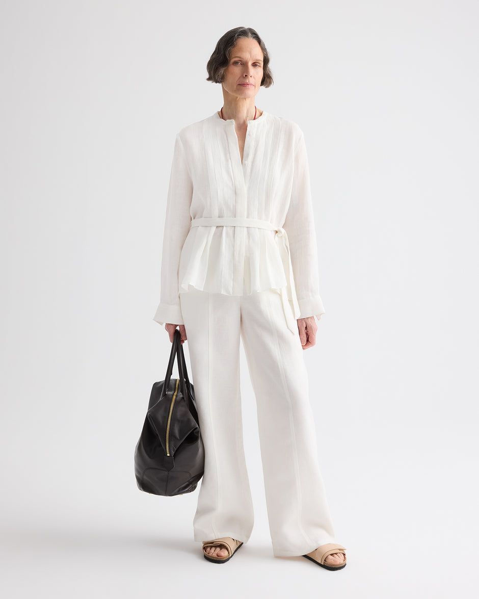 TWP White Pleated Poet Blouse in Delave Linen view 3